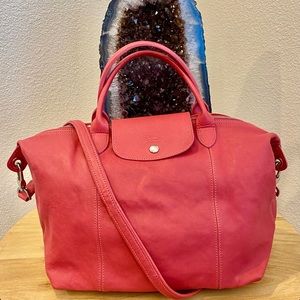 Longchamp Med Le Pliage Leather Handle Tote Pink